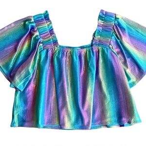 Queen of Sparkles metallic iridescent rainbow off the shoulder women’s small
